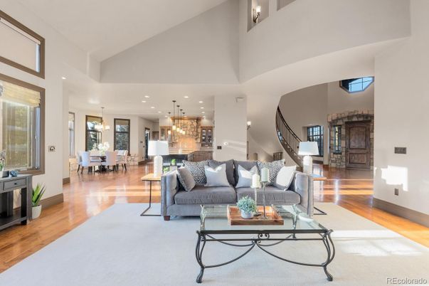 Chandelier, Dining room, Interior, Kitchen, Living room, Pendant Lights, Recessed Lighting, Wood Texture Flooring