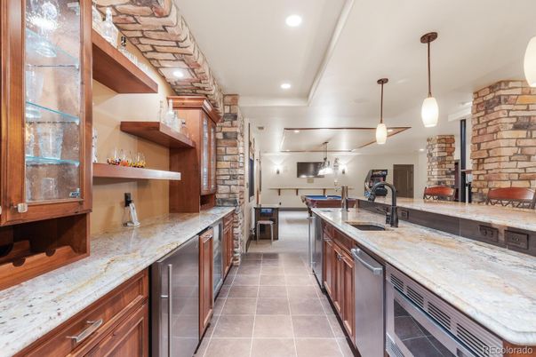 Interior, Kitchen, Pendant Lights, Recessed Lighting, Stone Walls