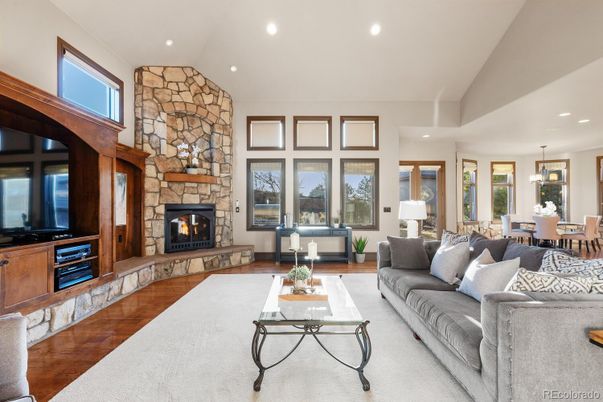 Dining room, Fireplace, Interior, Living room, Pendant Lights, Recessed Lighting, Stone Walls, Wood Texture Flooring