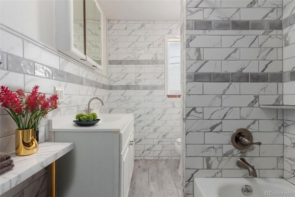 Bathroom, Interior, Marble Walls, Wood Texture Flooring