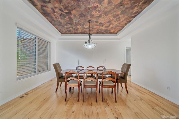 Dining room, Interior, Pendant Lights, Wood Texture Flooring