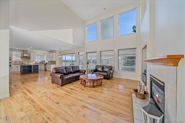 Fireplace, Interior, Kitchen, Living room, Pendant Lights, Recessed Lighting, Wood Texture Flooring
