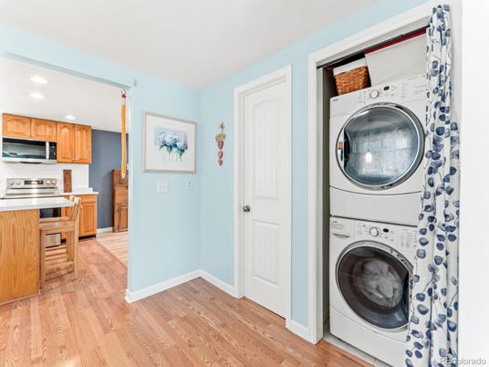 Interior, Kitchen, Recessed Lighting, Utility Closets, Washer, Wood Texture Flooring