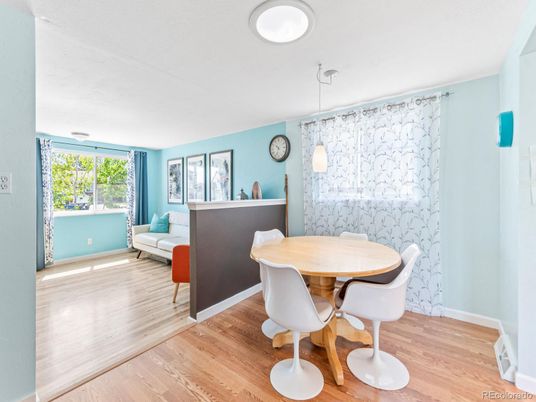 Dining room, Interior, Pendant Lights, Wood Texture Flooring