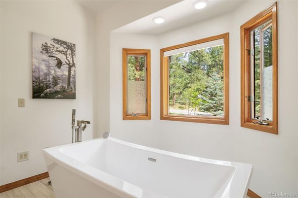 Bathroom, Free Standing Baths, Interior, Recessed Lighting, Wood Texture Flooring