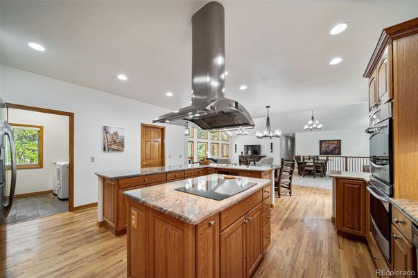 Chandelier, Dining room, Interior, Kitchen, Recessed Lighting, Wood Texture Flooring