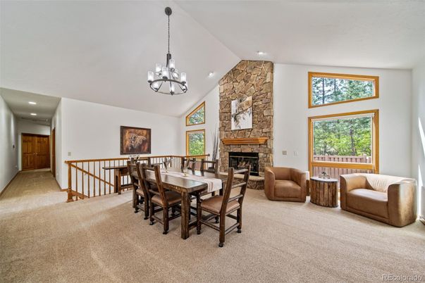 Chandelier, Dining room, Fireplace, Interior, Recessed Lighting, Stone Walls