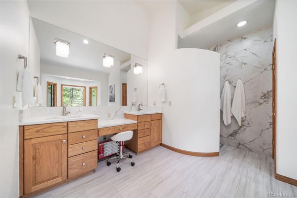 Bathroom, Dual Sink Vanities, Interior, Marble, Marble Walls, Recessed Lighting