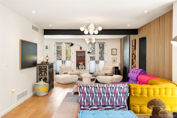 Chandelier, Interior, Living room, Recessed Lighting, Wood Texture Flooring