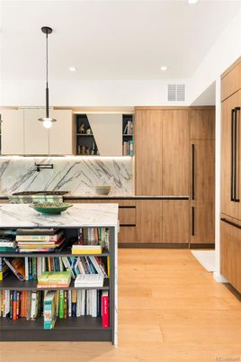 Interior, Kitchen, Marble Walls, Pendant Lights, Recessed Lighting, Wood Texture Flooring