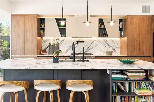 Interior, Kitchen, Marble Walls, Pendant Lights