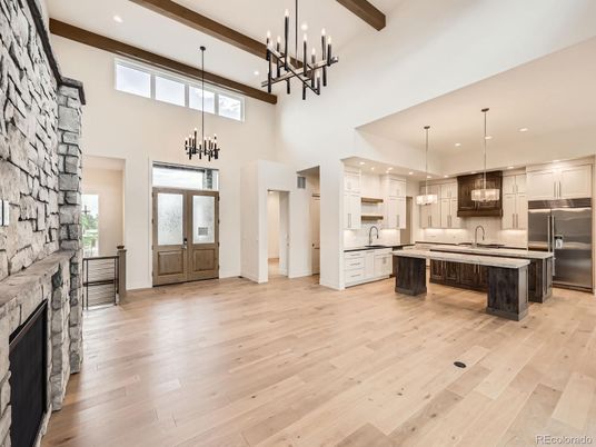 Interior, Kitchen, Pendant Lights, Recessed Lighting, Stainless Steel Appliances, Wooden Beams, Wood Texture Flooring