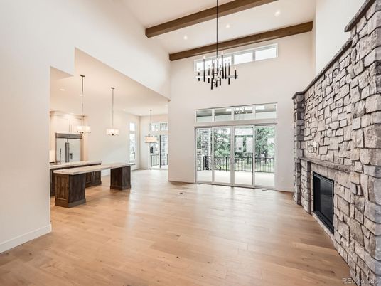 Fireplace, Interior, Pendant Lights, Recessed Lighting, Stone Walls, Wooden Beams, Wood Texture Flooring