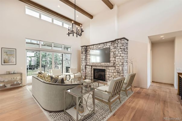 Fireplace, Interior, Living room, Pendant Lights, Recessed Lighting, Wooden Beams, Wood Texture Flooring