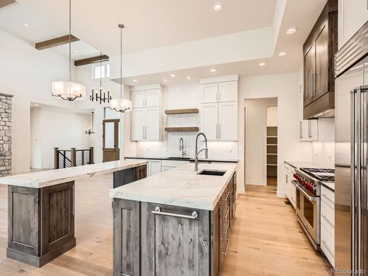 Chandelier, Interior, Kitchen, Pendant Lights, Recessed Lighting, Stainless Steel Appliances, Wood Texture Flooring