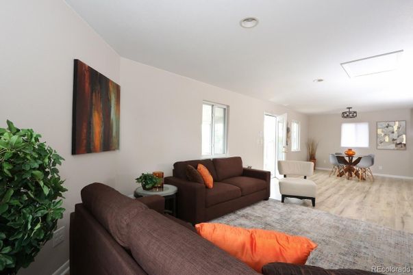 Dining room, Interior, Living room, Recessed Lighting, Wood Texture Flooring
