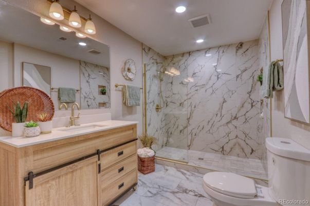 Bathroom, Glass Shower, Interior, Marble, Marble Walls, Recessed Lighting