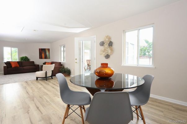Dining room, Interior, Living room, Recessed Lighting, Wood Texture Flooring