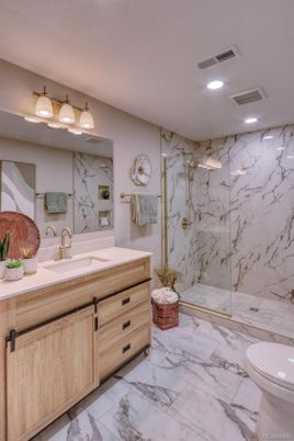 Bathroom, Glass Shower, Interior, Marble, Marble Walls, Recessed Lighting