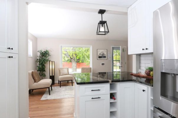 Interior, Kitchen, Pendant Lights, Stainless Steel Appliances, Wood Texture Flooring