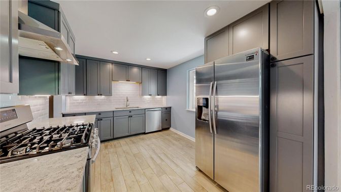 Interior, Kitchen, Recessed Lighting, Stainless Steel Appliances, Wood Texture Flooring