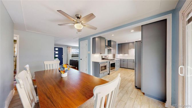 Dining room, Interior, Kitchen, Recessed Lighting, Wood Texture Flooring