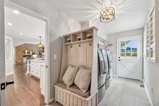 Interior, Kitchen, Pendant Lights, Recessed Lighting, Stone Walls, Washer, Wood Texture Flooring