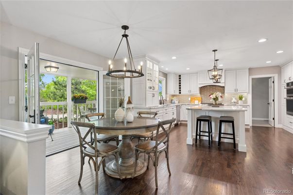 Dining room, Interior, Kitchen, Pendant Lights, Recessed Lighting, Stainless Steel Appliances, Wood Texture Flooring