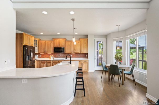 Dining room, Interior, Kitchen, Pendant Lights, Recessed Lighting, Wood Texture Flooring