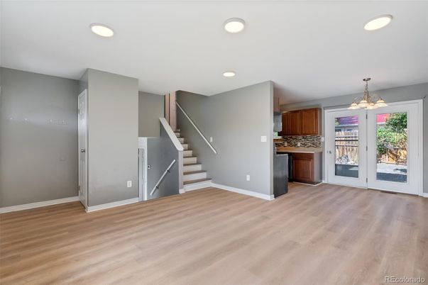 Empty room, Interior, Kitchen, Recessed Lighting, Wood Texture Flooring