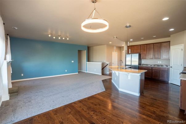 Empty room, Interior, Kitchen, Pendant Lights, Recessed Lighting, Wood Texture Flooring