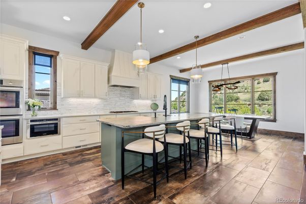 Dining room, Interior, Kitchen, Pendant Lights, Recessed Lighting, Stainless Steel Appliances, Wooden Beams, Wood Texture Flooring