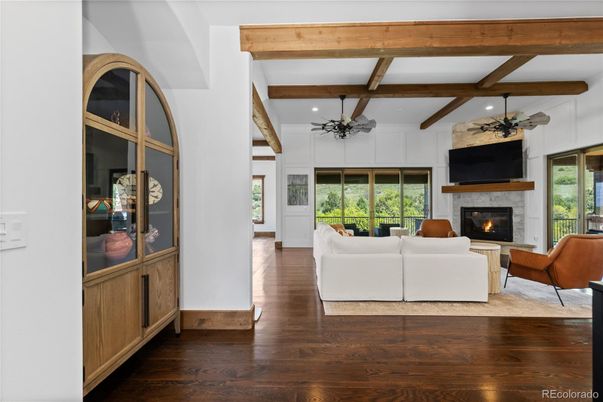 Fireplace, Interior, Living room, Recessed Lighting, Wooden Beams, Wood Texture Flooring