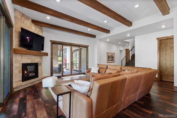 Fireplace, Interior, Living room, Recessed Lighting, Wooden Beams, Wood Texture Flooring