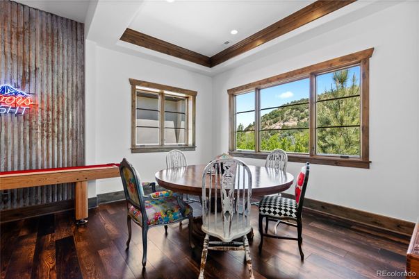 Dining room, Interior, Recessed Lighting, Wood Texture Flooring