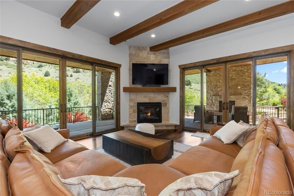 Fireplace, Interior, Living room, Recessed Lighting, Wooden Beams, Wood Texture Flooring