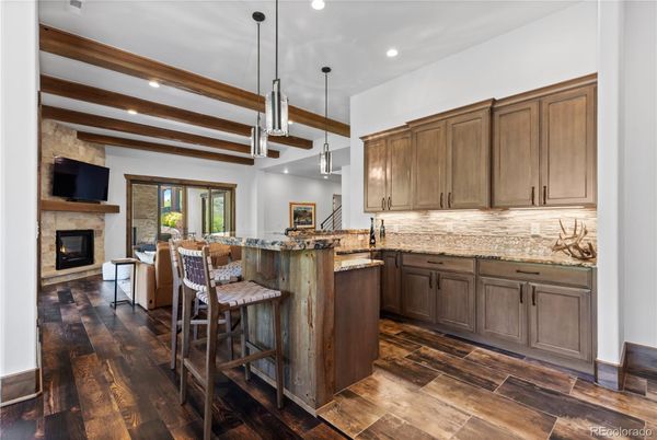 Fireplace, Interior, Pendant Lights, Recessed Lighting, Wooden Beams, Wood Texture Flooring