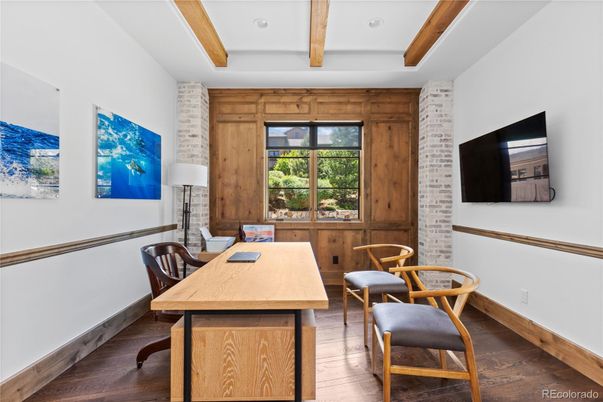 Home Office, Interior, Recessed Lighting, Wooden Beams, Wood Texture Flooring, Wooden Walls