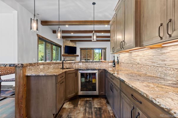 Interior, Kitchen, Pendant Lights, Recessed Lighting, Wooden Beams, Wood Texture Flooring
