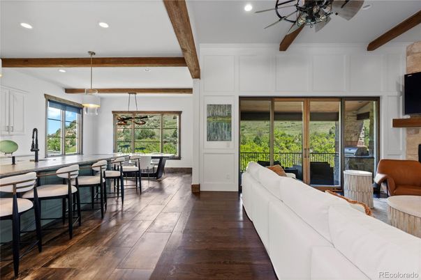 Dining room, Interior, Living room, Pendant Lights, Recessed Lighting, Wooden Beams, Wood Texture Flooring