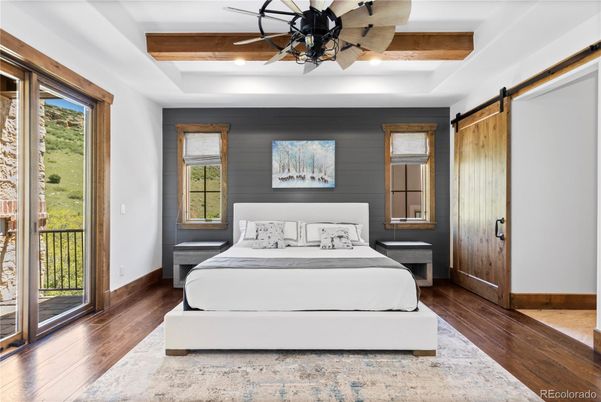 Bedroom, Interior, Recessed Lighting, Wooden Beams, Wood Texture Flooring