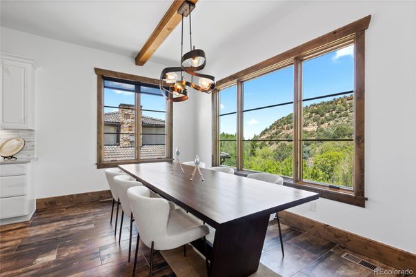 Dining room, Interior, Pendant Lights, Wooden Beams, Wood Texture Flooring