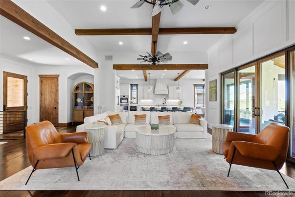 Interior, Kitchen, Living room, Recessed Lighting, Stainless Steel Appliances, Wooden Beams, Wood Texture Flooring