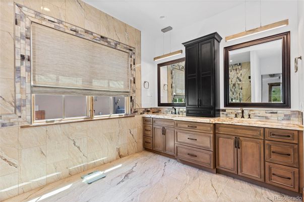 Bathroom, Dual Sink Vanities, Glass Shower, Interior, Marble, Pendant Lights, Recessed Lighting
