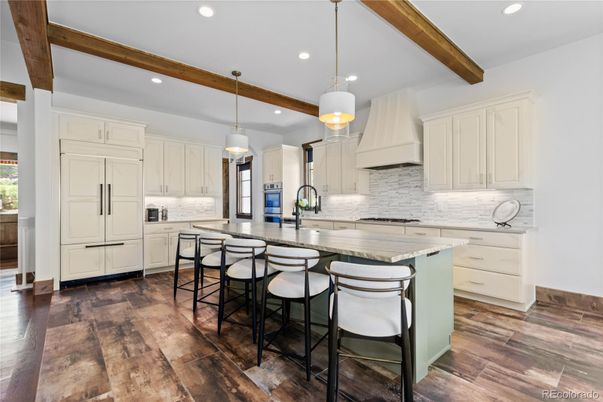 Interior, Kitchen, Pendant Lights, Recessed Lighting, Stainless Steel Appliances, Wooden Beams, Wood Texture Flooring