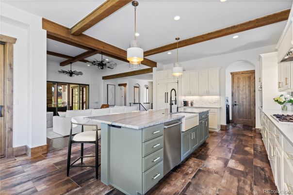 Interior, Kitchen, Pendant Lights, Recessed Lighting, Stainless Steel Appliances, Wooden Beams, Wood Texture Flooring