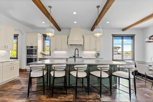 Dining room, Interior, Kitchen, Pendant Lights, Recessed Lighting, Stainless Steel Appliances, Wooden Beams, Wood Texture Flooring