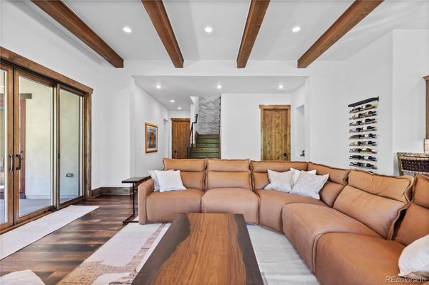 Interior, Living room, Recessed Lighting, Wooden Beams, Wood Texture Flooring