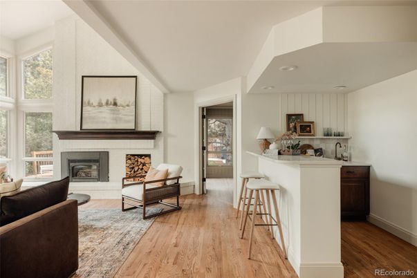 Fireplace, Interior, Living room, Recessed Lighting, Wood Texture Flooring