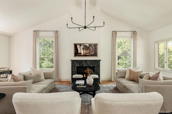 Chandelier, Fireplace, Interior, Living room, Recessed Lighting, Wood Texture Flooring
